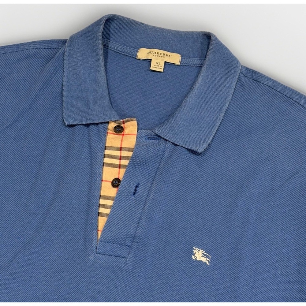 Burberry Brit Polo Shirt Men XL Blue Nova Check Facing Placket Pique Cotton VTG